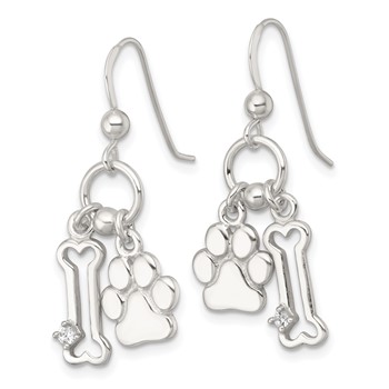 Sterling Silver Polished White CZ Bone and Paw Dangle Shepherd Hook Earrings — alternate view
