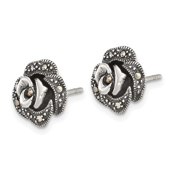 Sterling Silver Antiqued Marcasite Fancy Rose Post Earrings — alternate view