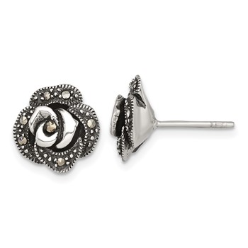 Sterling Silver Antiqued Marcasite Fancy Rose Post Earrings