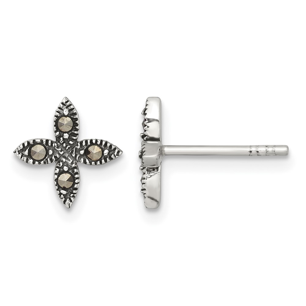 Sterling Silver Antiqued Marcasite Fancy Flower Post Earrings