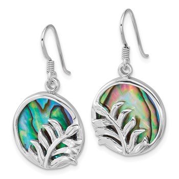 Sterling Silver Rhodium-plated Polished Round Abalone with Leaves Dangle Shepherd Hook Earrings — alternate view
