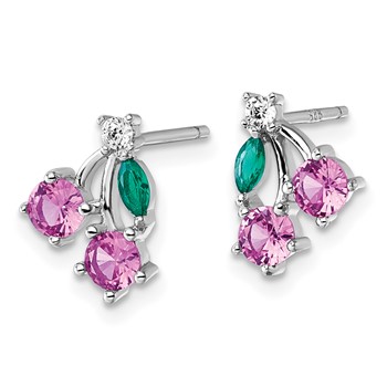 Sterling Silver Rhodium-plated CZ and Lab Created Corundum and Green Glass Cherry Post Earrings — alternate view