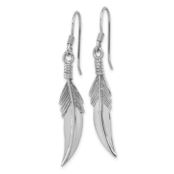 Sterling Silver Rhodium-plated Polished and Textured Feather Dangle Shepherd Hook Earrings — alternate view