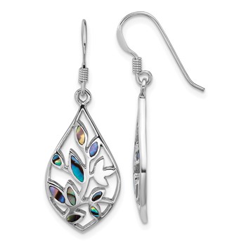 Sterling Silver Rhodium-plated Polished Abalone Floral Dangle Shepherd Hook Earrings