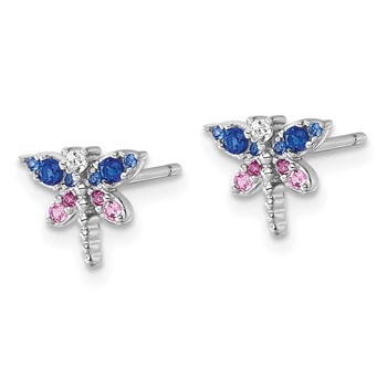 Sterling Silver Rhodium-plated CZ and Lab Created Corundum and Blue Glass Dragonfly Post Earrings — alternate view