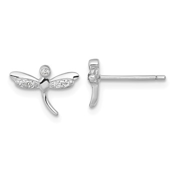 Sterling Silver Rhodium-plated Polished CZ Dragonfly Post Earrings