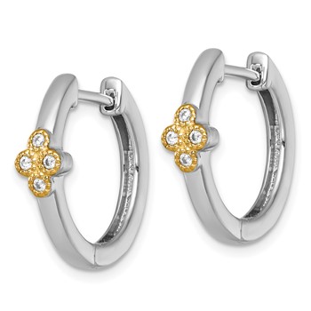 Sterling Silver Rhodium-plated with 14k Accent Polished CZ Hinged Hoop Earrings — alternate view