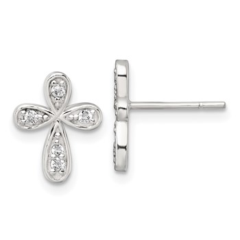 Sterling Silver Polished CZ Cross Post Earrings