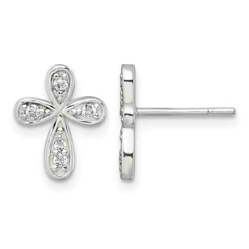Sterling Silver Polished CZ Cross Post Earrings