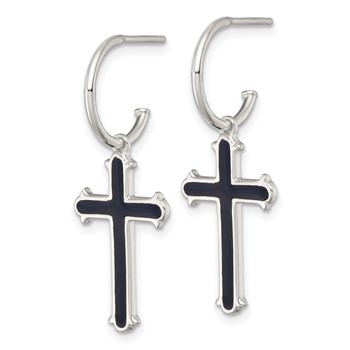 Sterling Silver Polished Black Enamel Cross Dangle C-Hoop Post Earrings — alternate view