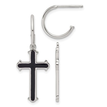 Sterling Silver Polished Black Enamel Cross Dangle C-Hoop Post Earrings