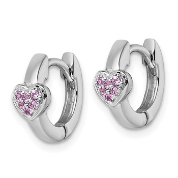 Sterling Silver Rhodium-plated Polished Pink CZ Heart 2mm x 11mm Hinged Hoop Earrings — alternate view