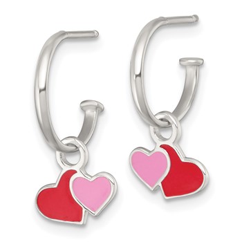 Sterling Silver Polished Red and Pink Enameled Hearts Dangle Childrens C-Hoop Post Earrings — alternate view