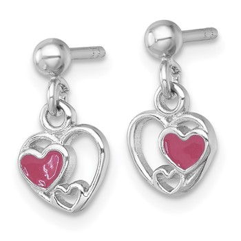 Sterling Silver Rhodium-plated Polished with Pink Enamel Triple Heart Post Dangle Earrings — alternate view