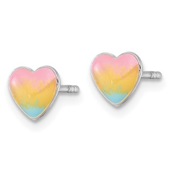 Sterling Silver Madi K Rhodium-plated Enameled Pastel Rainbow Heart Childrens Post Earrings — alternate view
