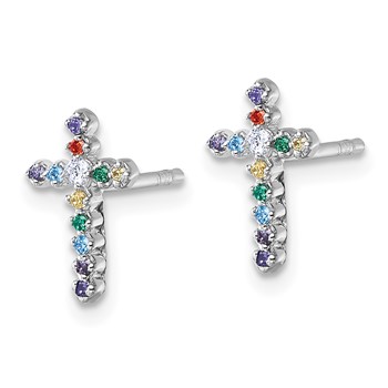 Sterling Silver Rhodium-plated Polished Multi-color CZ Cross Post Earrings — alternate view