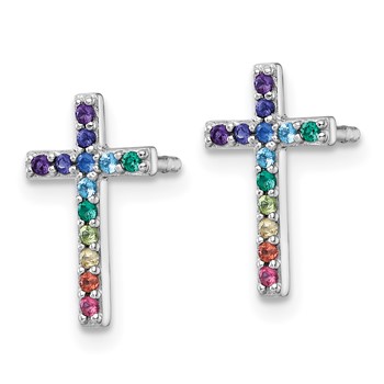 Sterling Silver Rhodium-plated Polished Rainbow Nano Crystals Childrens Cross Post Earrings — alternate view