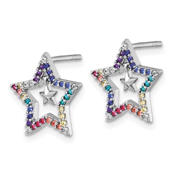 Sterling Silver Rhodium-plated Polished Rainbow Nano Crystals Star with Mini Star Dangle Childrens Post Earrings — alternate view