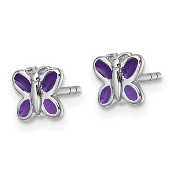 Sterling Silver Rhodium-plated Children's Purple Enamel Butterfly Post Earrings — alternate view