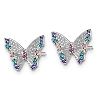 Sterling Silver Rhodium-plated Polished Rainbow Nano Crystals Butterfly Childrens Post Earrings — alternate view