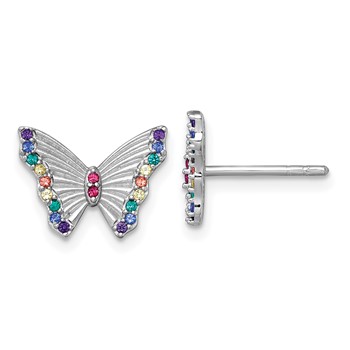 Sterling Silver Rhodium-plated Polished Rainbow Nano Crystals Butterfly Childrens Post Earrings