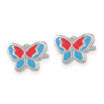 Sterling Silver Polished Orange and Blue Enameled Butterfly Childrens Post Earrings — alternate view