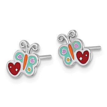 Sterling Silver Rhodium-plated Polished Green/Yellow/Orange/Red Enamel Butterfly And Heart Childrens Post Earrings — alternate view
