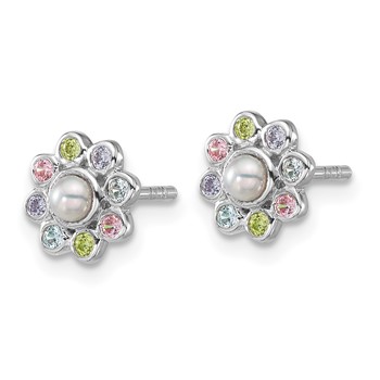 "Sterling Silver Rhodium-plated Polished Green, Pink, Blue and Purple CZ and Freshwater Cultured Pearl Flower Post Earrings" — alternate view