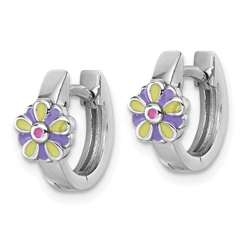"Sterling Silver Rhodium-plated Children's Purple, Yellow and Pink Enamel Flower Hinged Hoop Earrings" — alternate view