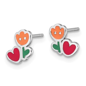 Sterling Silver Rhodium-plated Polished Orange/Red/Green Enamel Flower With Heart Childrens Post Earrings — alternate view