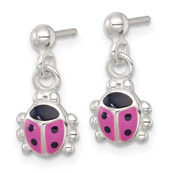 Sterling Silver Polished Pink and Black Enameled Ladybug Dangle Childrens Post Earrings — alternate view