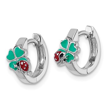 "Sterling Silver Rhodium-plated Children's Green, Red and Black Enamel Ladybug 4-Leaf Clover Hinged Hoop Earrings" — alternate view