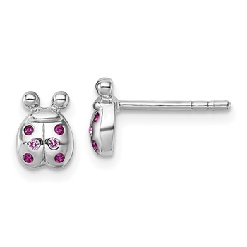 Sterling Silver Rhodium-plated Polished Pink And Red CZ Lady Bug Post Earrings