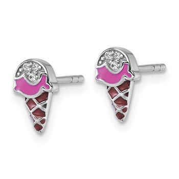 Sterling Silver Rhodium-plated Children's Pink and Brown Enamel with CZ Ice Cream Cone Post Earrings — alternate view