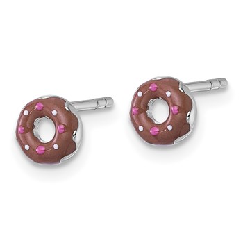 Sterling Silver Rhodium-plated Children's Brown with Pink and White Enamel Sprinkled Donut Post Earrings — alternate view