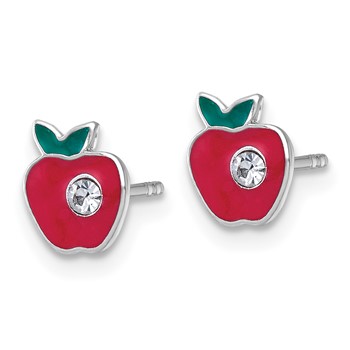 Sterling Silver Madi K Rhodium-plated Enameled Red Apple with Crystal Childrens Post Earrings — alternate view