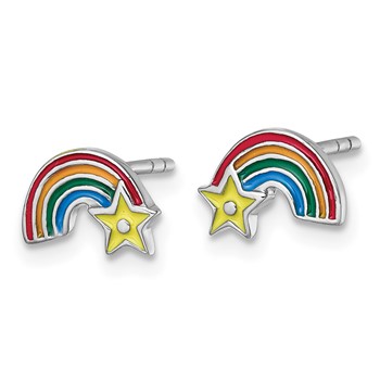 Sterling Silver Rhodium-plated Children's Multicolor Enamel Rainbow with Star Post Earrings — alternate view