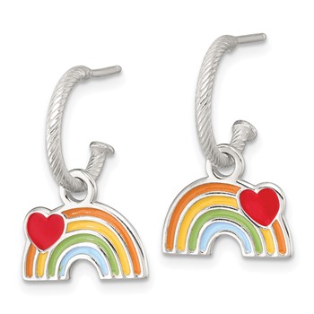 Sterling Silver Polished Grooved Enameled Heart on Rainbow Dangle Childrens C-Hoop Post Earrings — alternate view