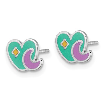 Sterling Silver Rhodium-plated Polished Green/Pink/Yellow Enamel Heart And Moon Childrens Post Earrings — alternate view