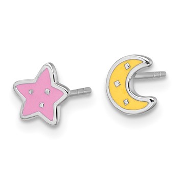 Sterling Silver Rhodium-plated Polished Pink and Yellow Enamel Moon and Star Mismatched Childrens Post Earrings — alternate view