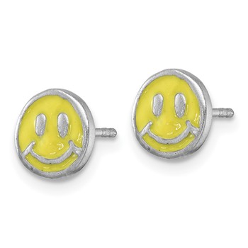 Sterling Silver Madi K Rhodium-plated Enameled Yellow Smiley Face Childrens Post Earrings — alternate view