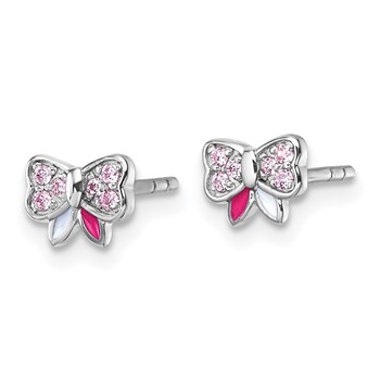Sterling Silver Rhodium-plated Children's Pink CZ with Pink and White Enamel Bow Post Earrings — alternate view