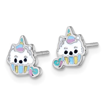 Sterling Silver Rhodium-plated Polished White and Rainbow Enamel Unicorn Cupcake Childrens Post Earrings — alternate view