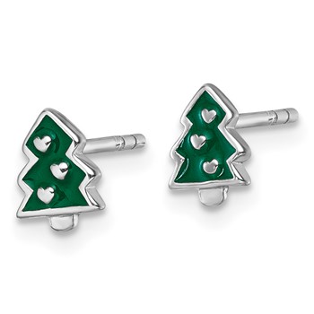 Sterling Silver Rhodium-plated Children's Green Enamel Christmas Tree with Hearts Post Earrings — alternate view
