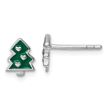 Sterling Silver Rhodium-plated Children's Green Enamel Christmas Tree with Hearts Post Earrings