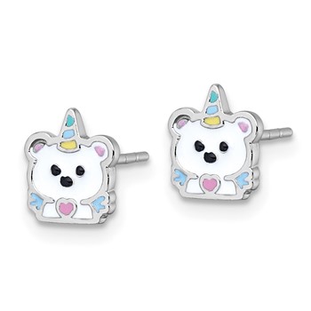 Sterling Silver Rhodium-plated Polished White and Rainbow Enamel Unicorn Polar Bear Childrens Post Earrings — alternate view