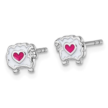 Sterling Silver Rhodium-plated Children's White and Pink Enamel Sheep with Heart Post Earrings — alternate view