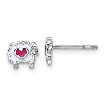 Sterling Silver Rhodium-plated Children's White and Pink Enamel Sheep with Heart Post Earrings