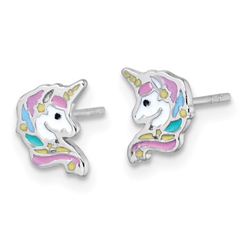 Sterling Silver Rhodium-plated Polished White and Rainbow Enamel Unicorn Head Childrens Post Earrings — alternate view