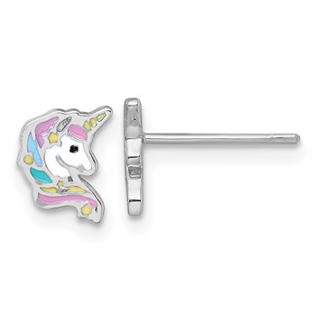 Sterling Silver Rhodium-plated Polished White and Rainbow Enamel Unicorn Head Childrens Post Earrings